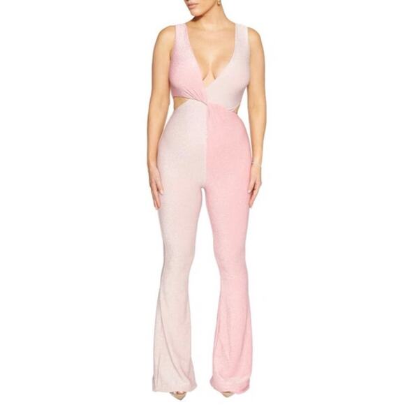 naked wardrobe crisscross two-tone cutout jumpsuit in pink sparkle women small - Picture 1 of 12